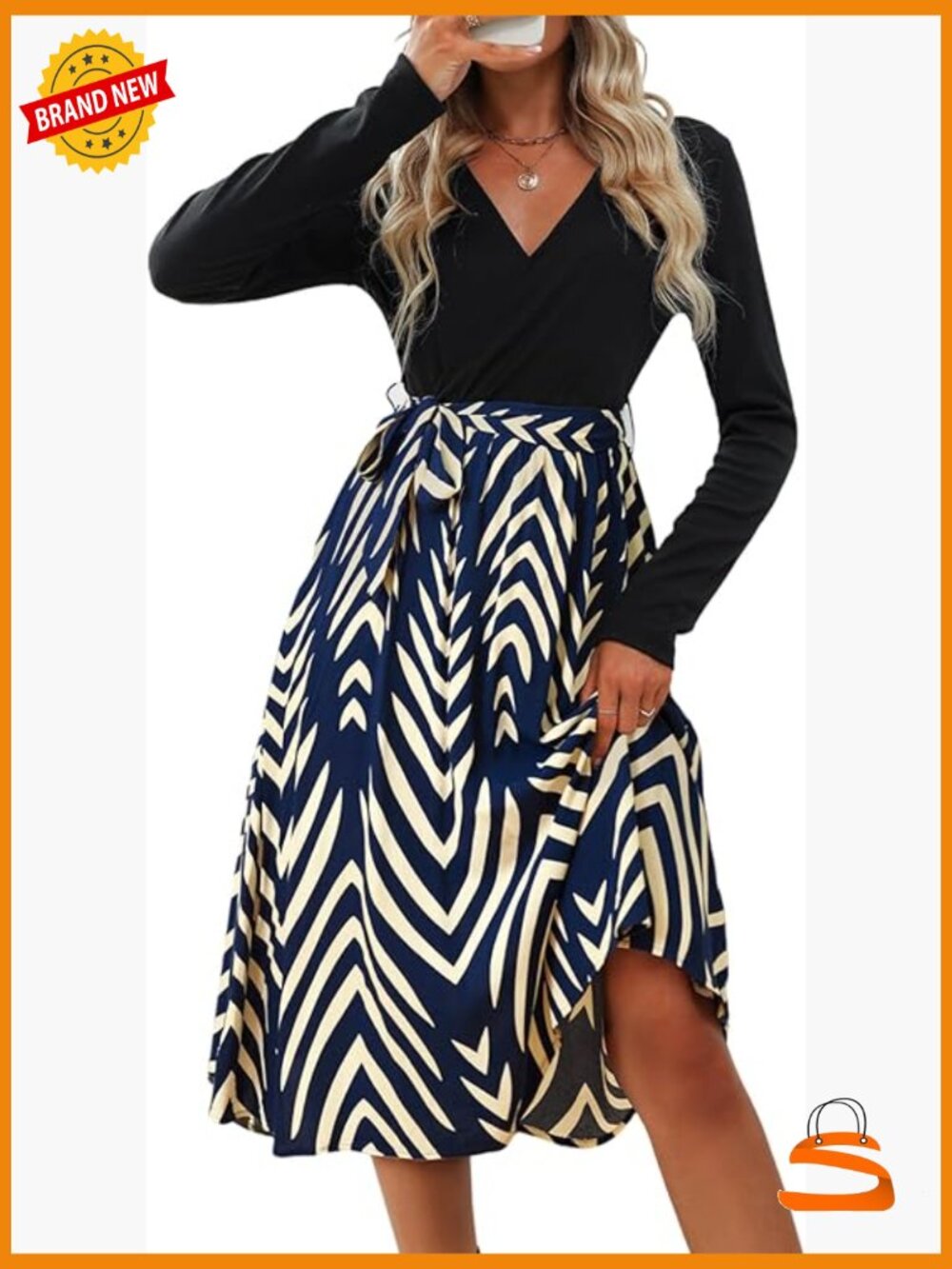 Geometric Panel A-Line Midi Dress Long Sleeve V-Neck Tie Waist Wrap Dress